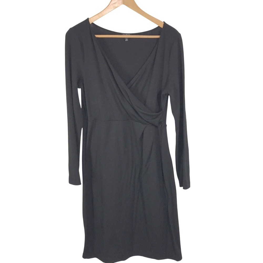 Talbots Black Long Sleeve Faux Wrap Knit Dress Women's Size Medium - Picture 1 of 10